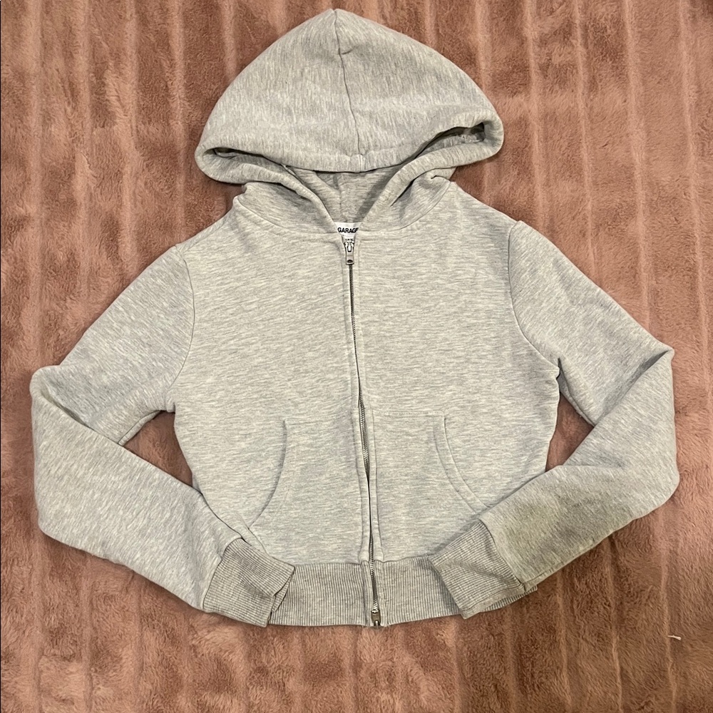 Garage Cropped Light Gray Zip-Up Hoodie